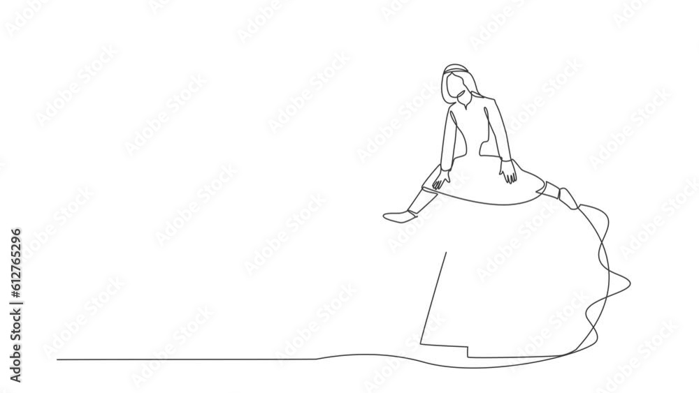 Poster self drawing animation of single line draw arabian businessman jumping over laptop. digital technolo