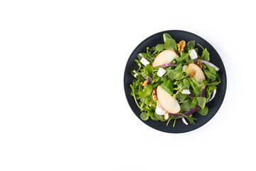 Autumn salad with apples and walnuts isolated on white background. Top view Copy space