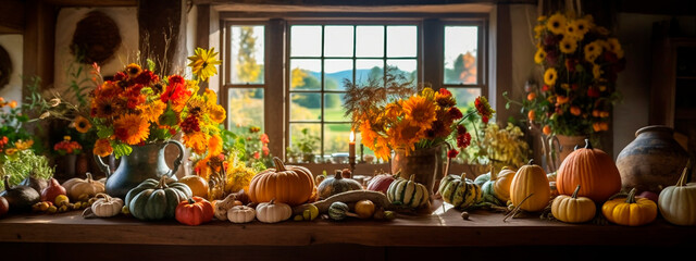 Obraz na płótnie Canvas celebration harvest abundance pumpkin flower arrangements on the table in a cozy country room. Generative AI,