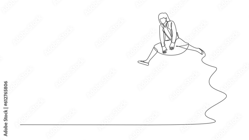 Poster animated self drawing of continuous line draw businesswoman jumping over clipboard. completion of bu
