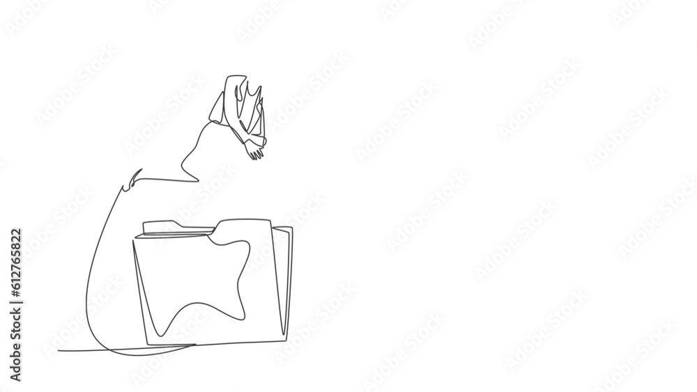 Poster animated self drawing of continuous line draw businesswoman jumping over folder icon. storage indexi