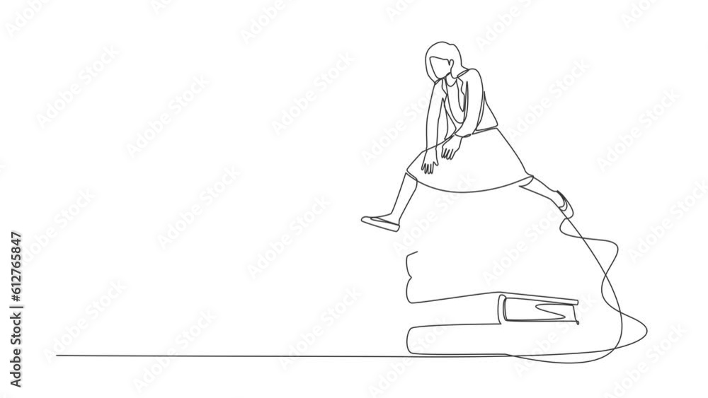 Poster animated self drawing of continuous line draw businesswoman jumping over pile of binders. stack of p