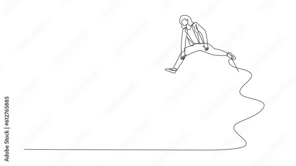 Poster animated self drawing of continuous one line draw businesswoman jumping over light bulb. creativity 