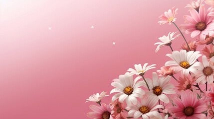 Beauty flower banner with blooming daisies on pink gradient background. Oriental floral background for presentation, promotional sales or cosmetics advertising. Copy space, generative AI