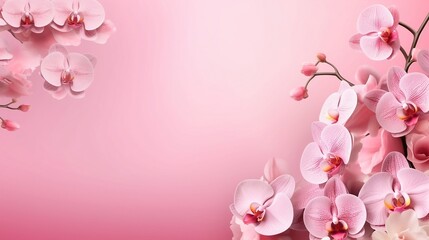 Beauty flower banner with blooming orchids on pink gradient background. Oriental floral background for presentation, promotional sales or cosmetics advertising. Copy space, generative AI