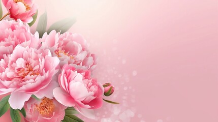 Beauty flower banner with blooming peonies on pink gradient background. Oriental floral background for presentation, promotional sales or cosmetics advertising. Copy space, generative AI