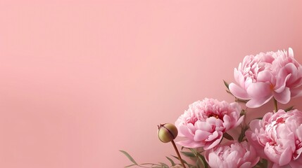 Beauty flower banner with blooming peonies on pink gradient background. Oriental floral background for presentation, promotional sales or cosmetics advertising. Copy space, generative AI