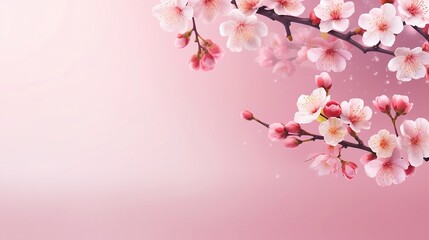 Beauty flower banner with blooming cherry blossom on pink gradient background. Oriental floral background for presentation, promotional sale or advertising of beauty product, generative AI