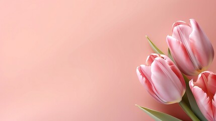 Beauty flower banner with blooming tulip blossom on pink gradient background. Oriental floral background for presentation, promotional sale or advertising of beauty product. Copy space, generative AI