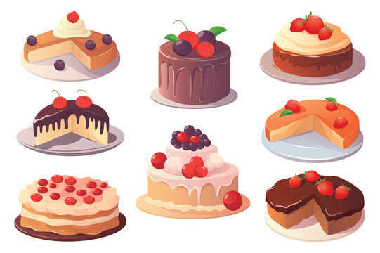Cakes set. This is an illustration of a set of flat, cartoon cakes designed in a playful and creative way. Vector illustration.