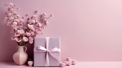 Mother Day, Women Day abstract background with copy space, feminine color background with spring flowers, gift boxes and hearts, generative AI