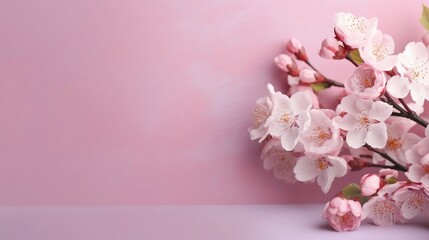 Fototapeta na wymiar Mother Day, Women Day abstract background with copy space, feminine color background with spring flowers, generative AI