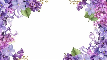 Obraz na płótnie Canvas Purple lilac flower frame with white background, vector illustration, Copy space, generative AI