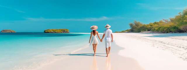 young couple walking on white sand beach on paradise island. Generative AI, - obrazy, fototapety, plakaty