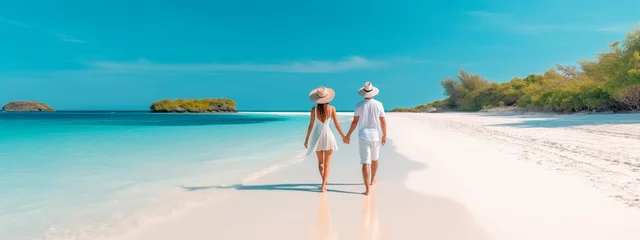 Fotobehang young couple walking on white sand beach on paradise island. Generative AI, © Яна Ерік Татевосян