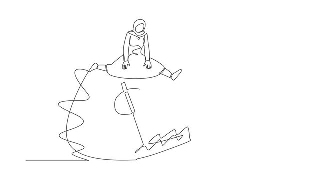 Self drawing animation of single line draw Arabian businesswoman jumping over money pitfall with money dollar symbol. Financial money trap, ponzi business scheme. Continuous line. Full length animated