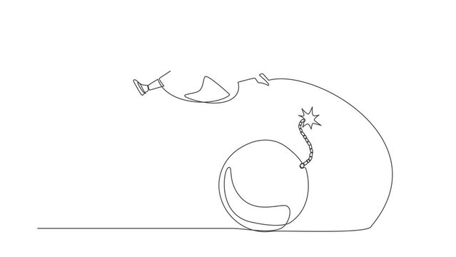 Animated self drawing of single continuous line draw Arab businesswoman jumping over bomb. Explosion of economic crisis, impact on increasing unemployment, poverty. Full length one line animation
