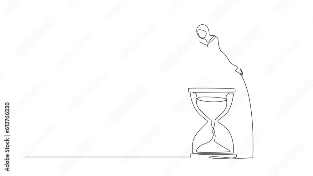 Poster self drawing animation of single line draw arabian businesswoman jump over hourglass. deadline or wo