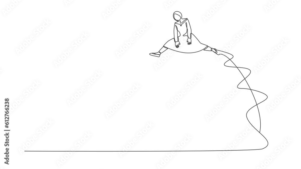 Poster self drawing animation of single line draw arab businesswoman jumping over rocket. successful startu