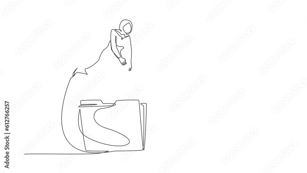 Poster animated self drawing of continuous line draw arab businesswoman jumping over big folder icon. docum