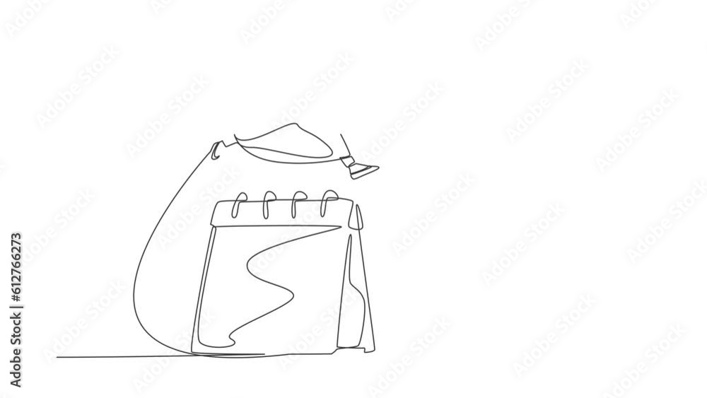 Poster animated self drawing of continuous one line draw arab businesswoman jumping over calendar. manager 
