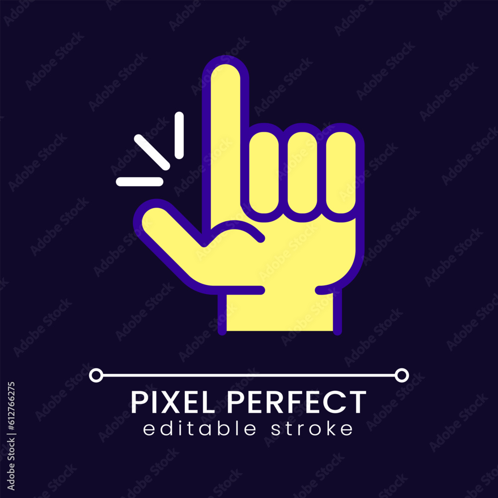 Poster eureka gesture pixel perfect rgb color icon for dark theme. sudden creative idea and solution. inspi