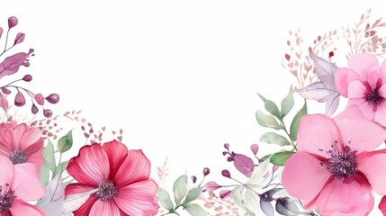 Watercolor pink floral frame with white background, generative AI