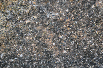 Dirty old concrete mixed with small gravel stones floor texture background. Black mold or mould on cement floor. 