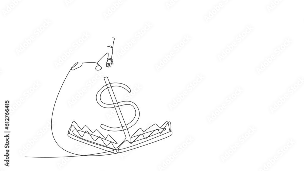 Poster animated self drawing of continuous one line draw robot jumping over money pitfall with money dollar