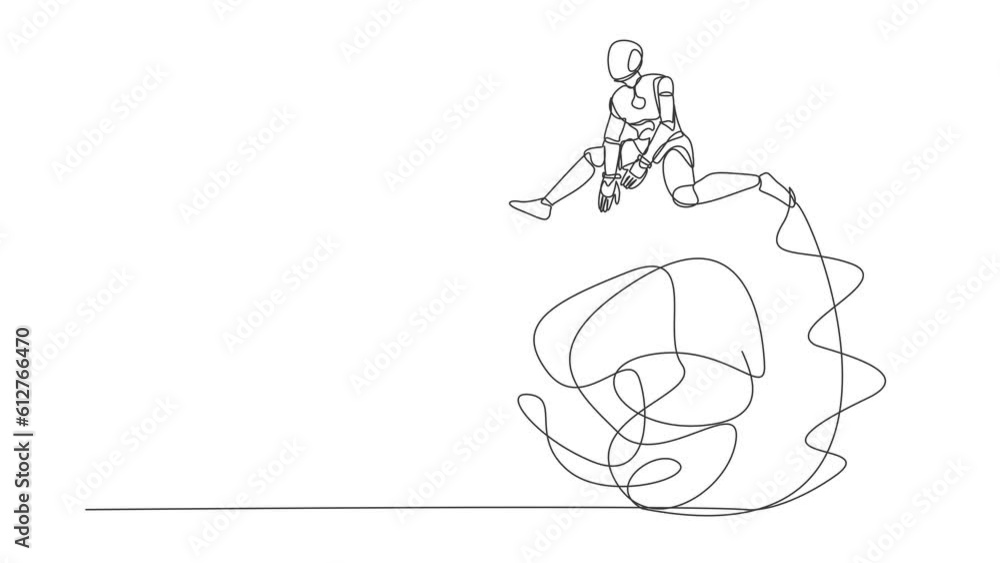 Poster self drawing animation of single line draw robot jumping over tangled scribble. overcoming complexit