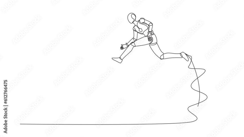 Poster animated self drawing of continuous line draw robot jumping over clock. time management, scheduling.