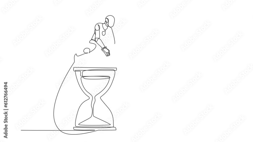 Poster animated self drawing of continuous line draw robot jumping over hourglass. business scheduling and 