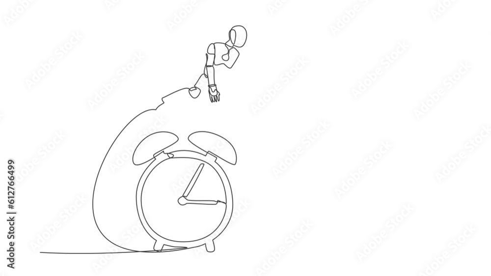 Poster animated self drawing of continuous one line draw robot jump over alarm clock. business deadline, wo