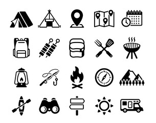 Camping and outdoor icon vector illustration set