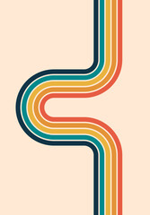Retro stripes loop. 70s vintage lines. Trendy background wallpaper with copy space. Letter C or U. Infinite rainbow banner. Boho old fashioned backdrop. Brochure cover template. Vector illustration. 
