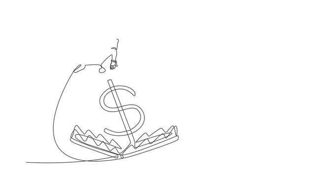 Animated self drawing of continuous one line draw robot jumping over money pitfall with money dollar symbol. Financial money trap. Humanoid robot cybernetic organism. Full length single line animation