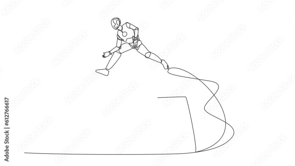 Poster animated self drawing of continuous line draw robot jumping over calendar, planning month work in de