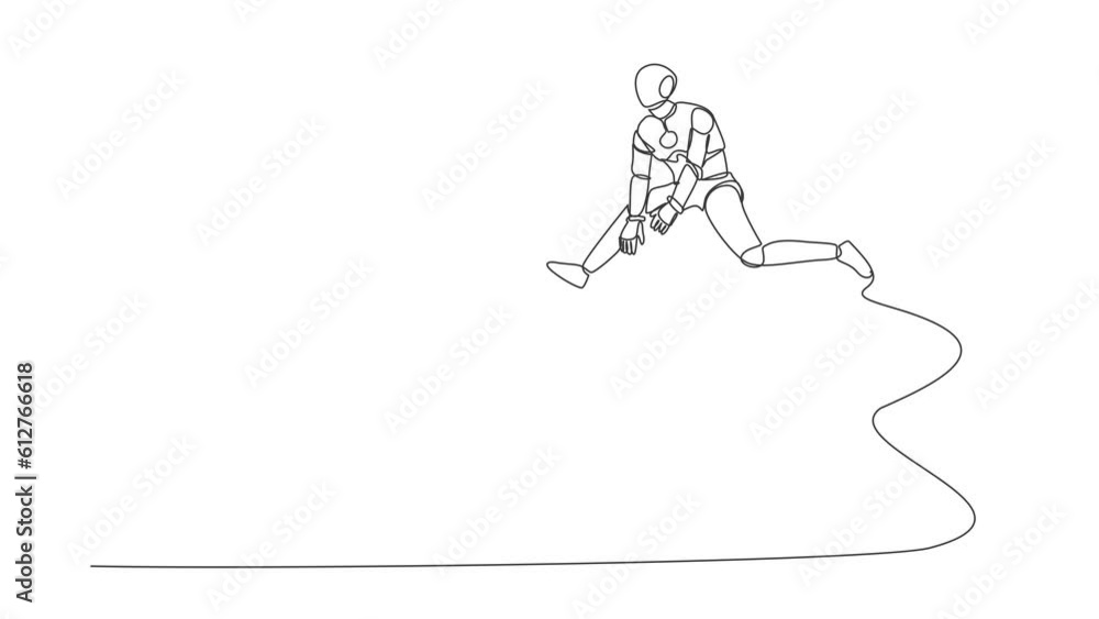 Poster animated self drawing of continuous line draw robot jumping over chess horse knight. brain intellige
