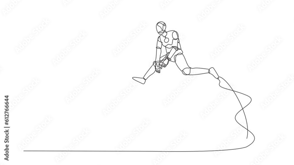 Poster self drawing animation of single line draw robot jumping over folder icon. user data archive. office