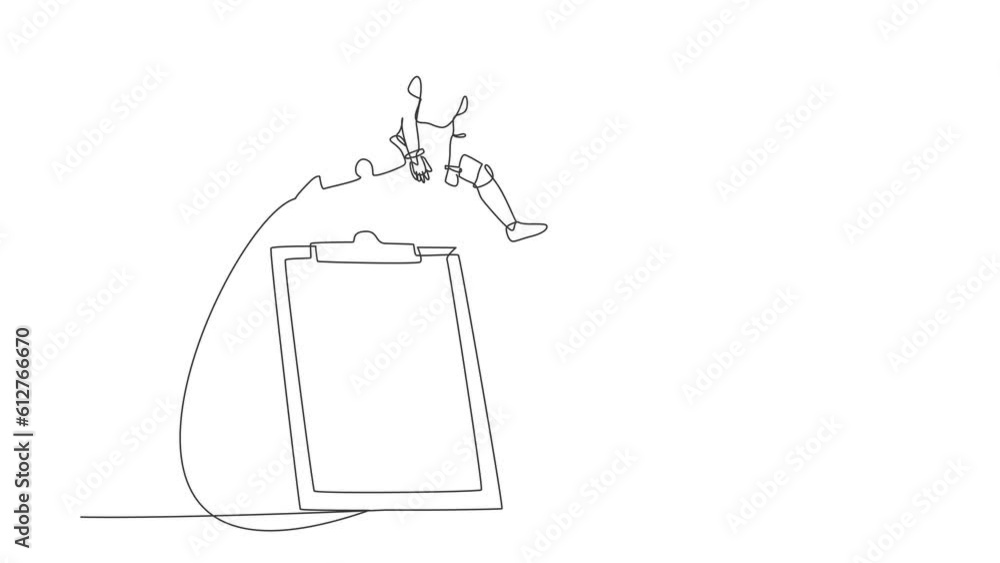 Poster self drawing animation of single line draw robot jumping over big clipboard. checklist survey applic
