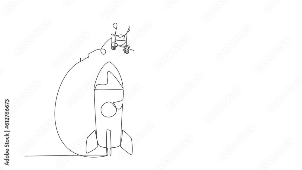 Poster animated self drawing of single continuous line draw robot jumping over big rocket. successful start