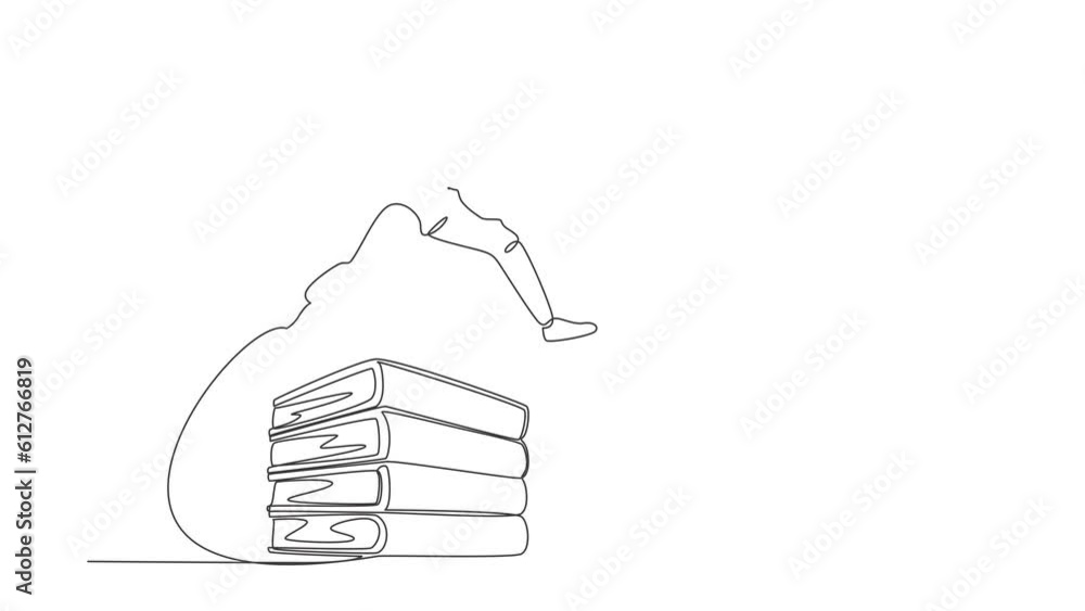 Poster self drawing animation of single line draw robot jumping over pile of binders. stack of paper work d