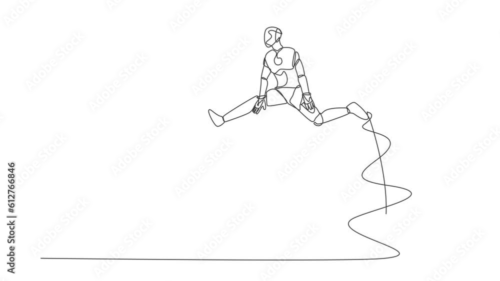 Poster animated self drawing of continuous line draw robot jumping over bomb. explosion of the economic cri