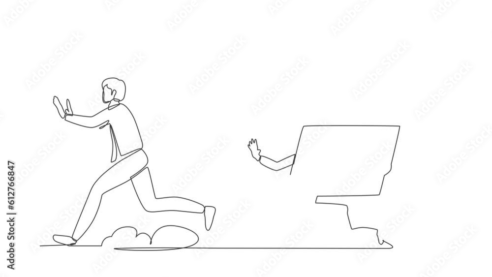 Poster animated self drawing of continuous line draw stressed businessman being chased by laptop. male empl