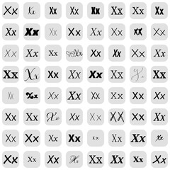 Letter X in different fonts on white background. Type design collection on grey buttons. Vector illustration.