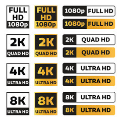 Icon set of 1080p full hd, 2k quad hd, 4k ultra hd, and 8k ultra hd video formats in black and gold color. 