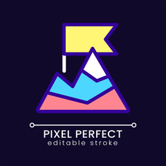Top of mountain pixel perfect RGB color icon for dark theme. Goal achievement. Adventure and hiking. Simple filled line drawing on night mode background. Editable stroke. Poppins font used