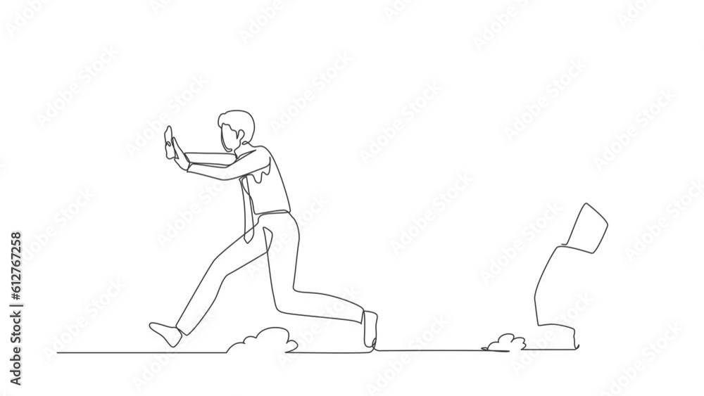 Poster self drawing animation of single line draw stressed businessman being chased by megaphone. office wo