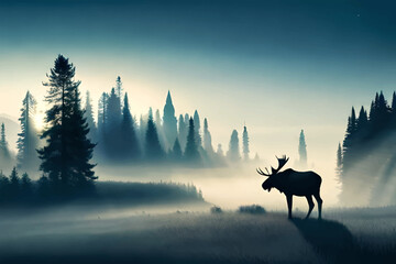 Moose in a foggy forest. Moose vector illustration.
