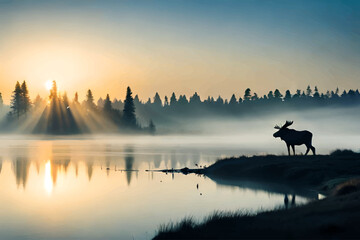 Moose in a foggy forest. Moose vector illustration.
